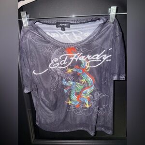 Ed Hardy Black and Gray cropped Graphic Tee size large worn once